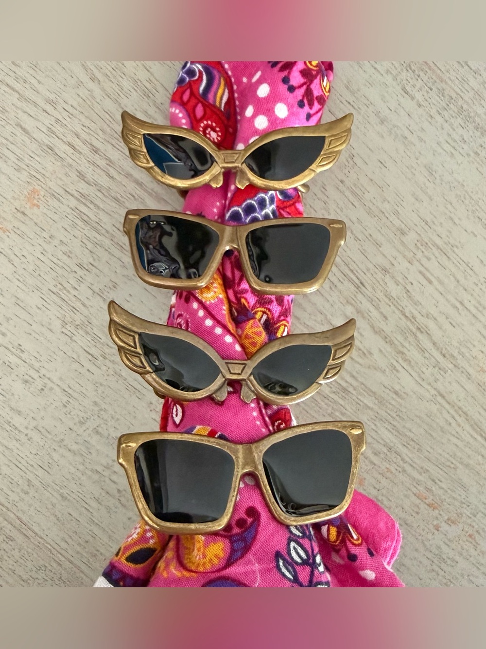 Maugenest SF Antique Brass Napkin Rings Sunglasses Set 4 Kitsch Vintage Retro